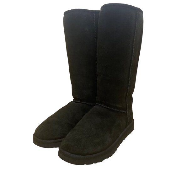 Ugg Women’s Black Suede Sheepskin Lined Slip-On Tall Winter Boots Size 10 - Picture 4 of 10
